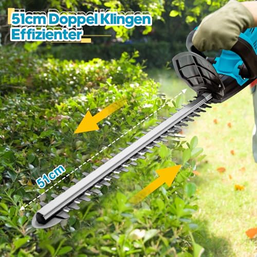 Heckenschere Akku für Makita Akku 18V, 500W Heckenschere Elektrisch, 51 cm Schnittlänge,15 mm Zahnabstand, Dual Schnittklingen (Blau Ohne Batterie)