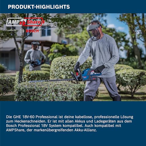 Bosch Professional 18V System Akku-Heckenschere GHE 18V-60 (bürstenloser Motor, Schnittkapazität von 20 mm)