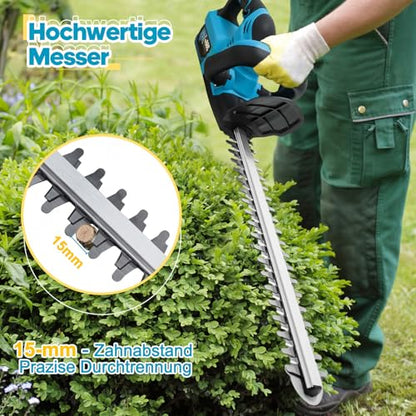 Heckenschere Akku für Makita Akku 18V, 500W Heckenschere Elektrisch, 51 cm Schnittlänge,15 mm Zahnabstand, Dual Schnittklingen (Blau Ohne Batterie)