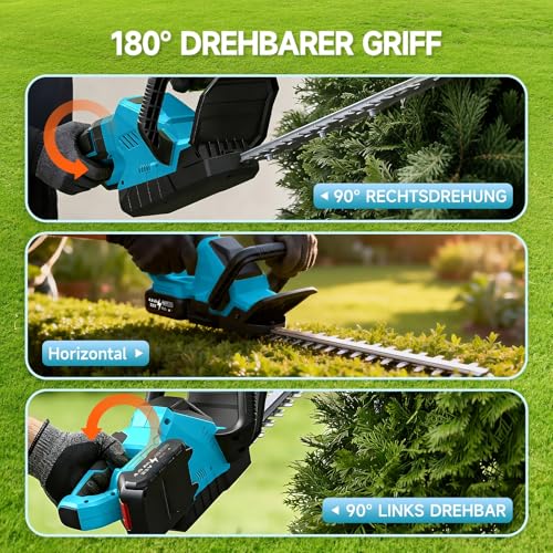 Heckenschere Akku mit 2X 4.0Ah Akku & Ladegerät, kabelloser Heckenschneider 21V, 54cm gehärtetes Stahlmesser, 30mm Schnittstärke, 180° drehbarer