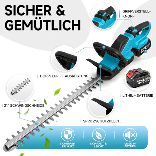 Heckenschere Akku mit 2X 4.0Ah Akku & Ladegerät, kabelloser Heckenschneider 21V, 54cm gehärtetes Stahlmesser, 30mm Schnittstärke, 180° drehbarer