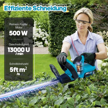 Heckenschere Akku für Makita Akku 18V, 500W Heckenschere Elektrisch, 51 cm Schnittlänge,15 mm Zahnabstand, Dual Schnittklingen (Blau Ohne Batterie)