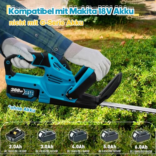Heckenschere Akku für Makita Akku 18V, 500W Heckenschere Elektrisch, 51 cm Schnittlänge,15 mm Zahnabstand, Dual Schnittklingen (Blau Ohne Batterie)